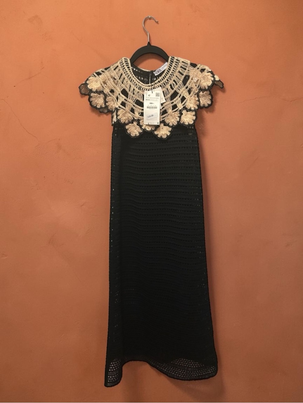 Black Crochet Maxi Dress with Beige Crochet Yoke